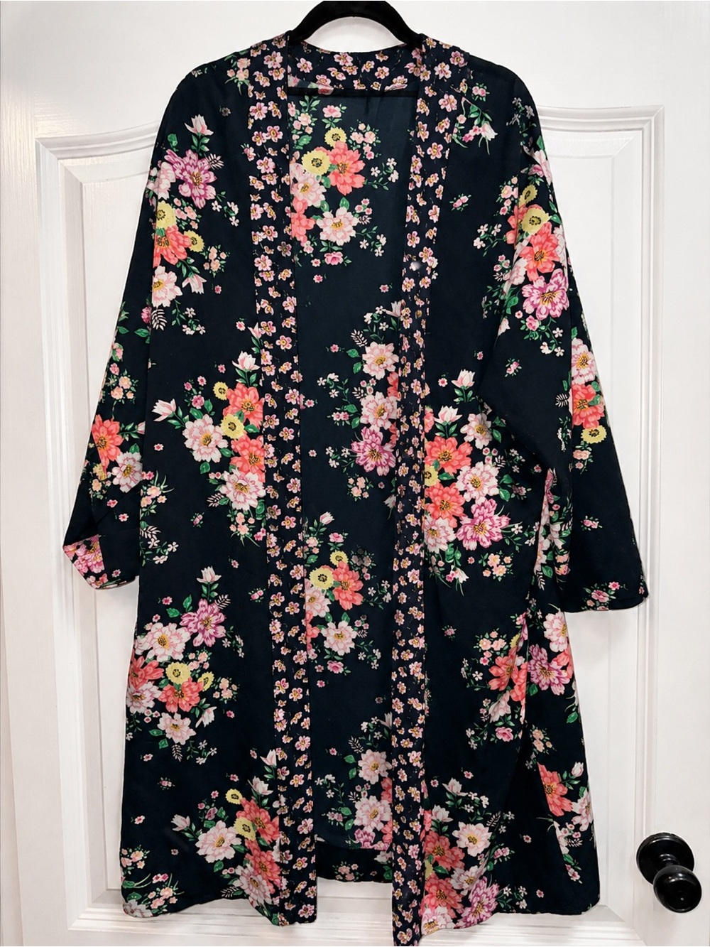 H&M Divided Floral Kimono Duster Cardigan Navy Pink Longline Size L